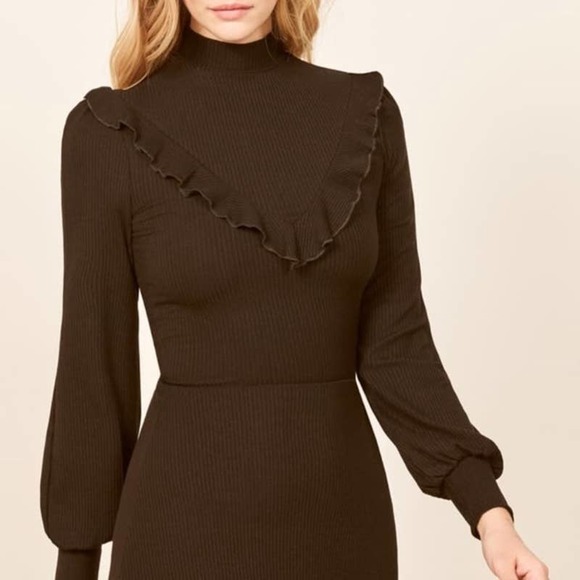 Reformation Dresses & Skirts - REFORMATION Chapel Dress Ruffle Mock Neck Ribbed Long Sleeve Fit & Flare Dress